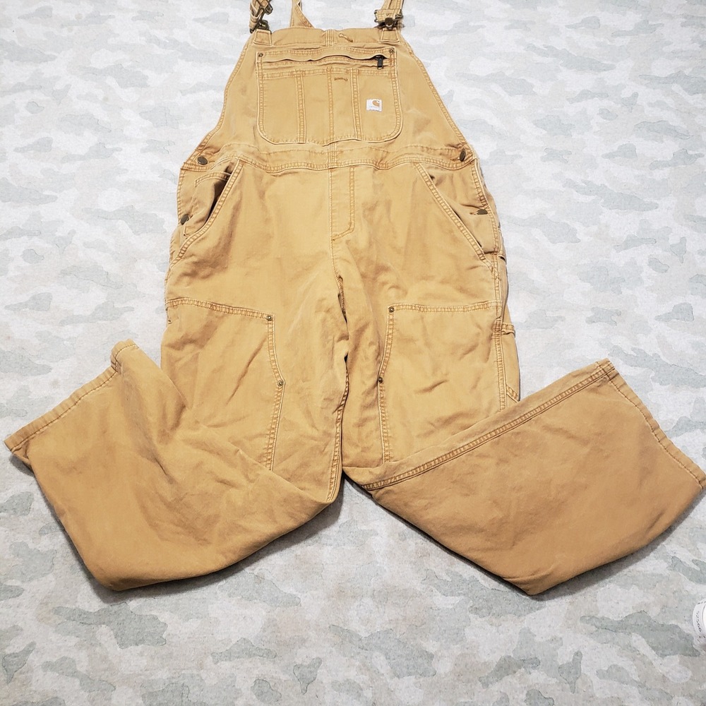 Carhartt Bib Overalls Womens XL Brown Double Knee Canvas Stretch Workwear